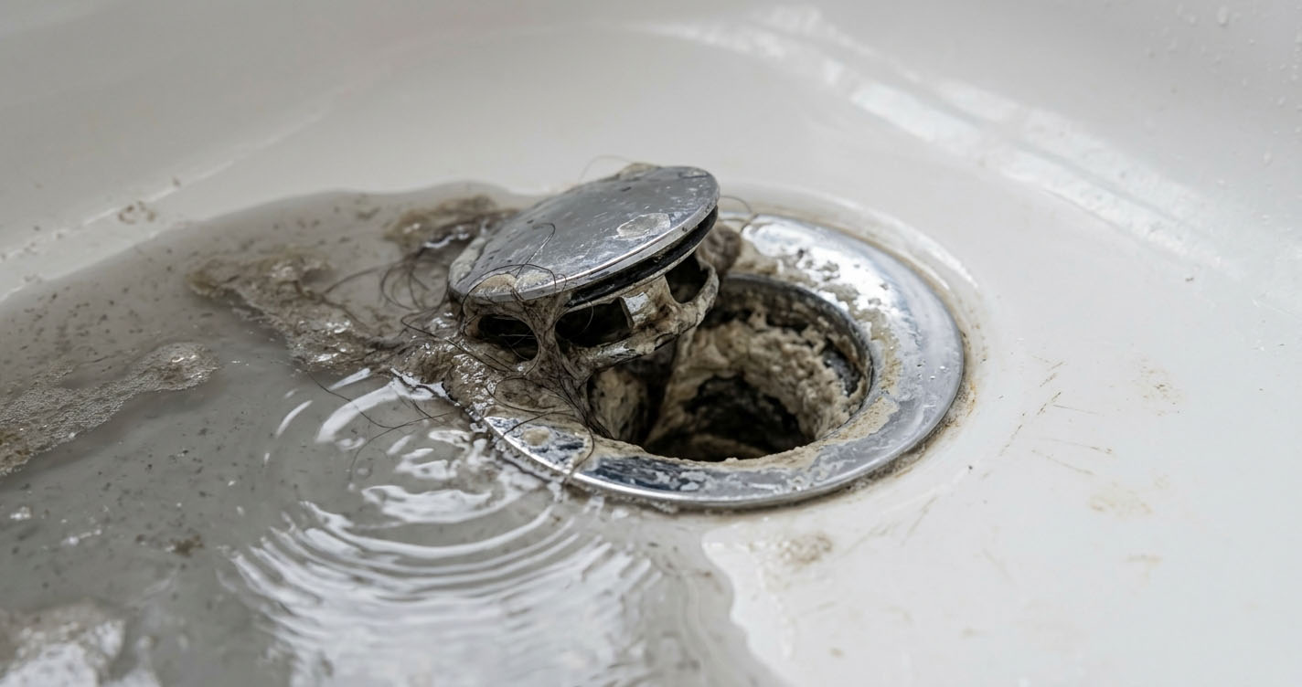 Standing water in a UK bath around a slow-draining plughole with limescale and soap residue