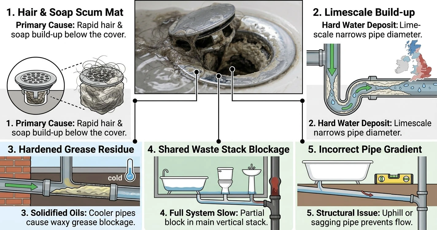Diagram of a UK bath waste system showing the plughole, P-trap, waste pipe, and soil stack