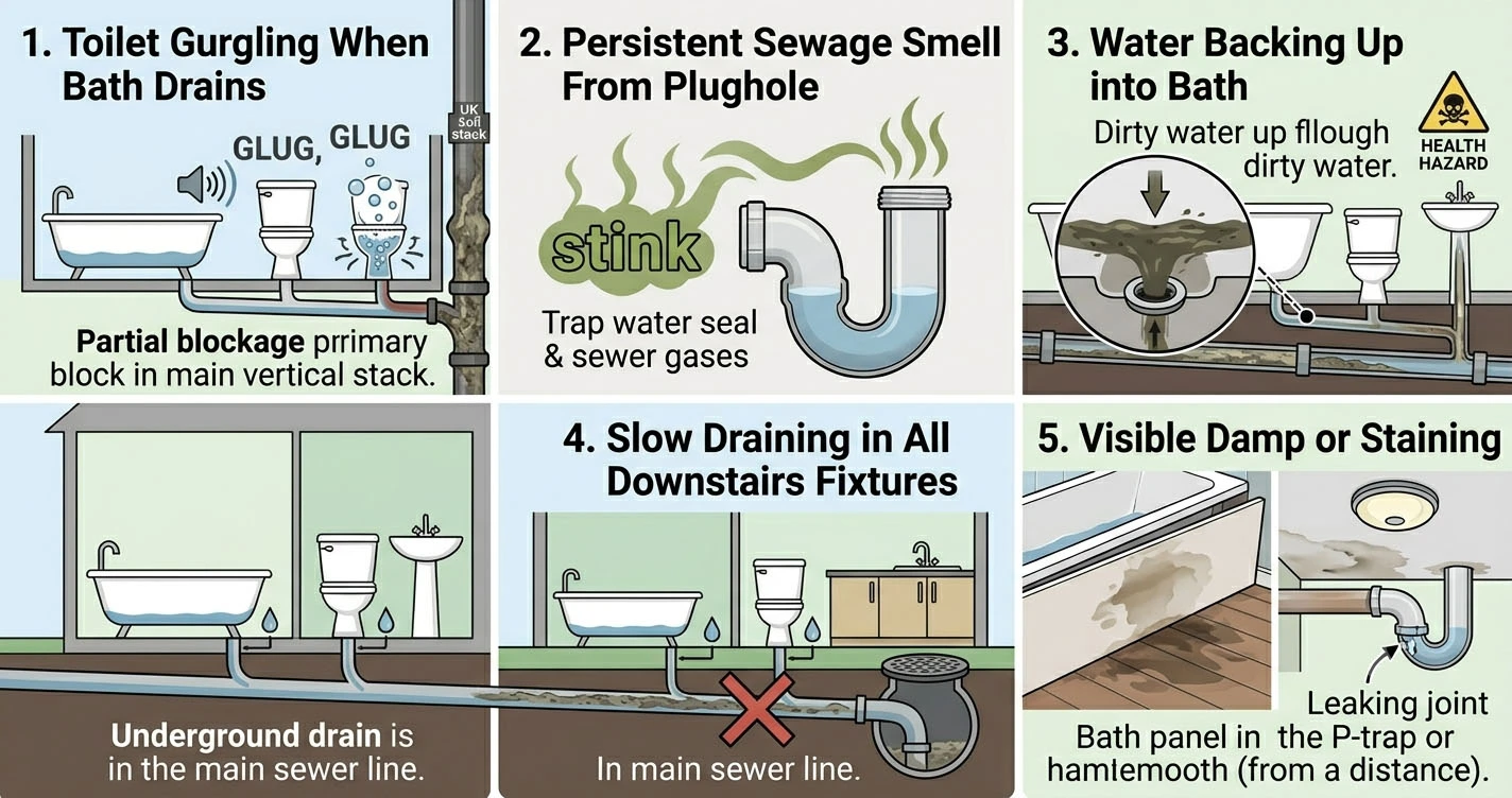 Gurgling toilet and slow bath drain in a UK bathroom indicating a shared waste stack blockage