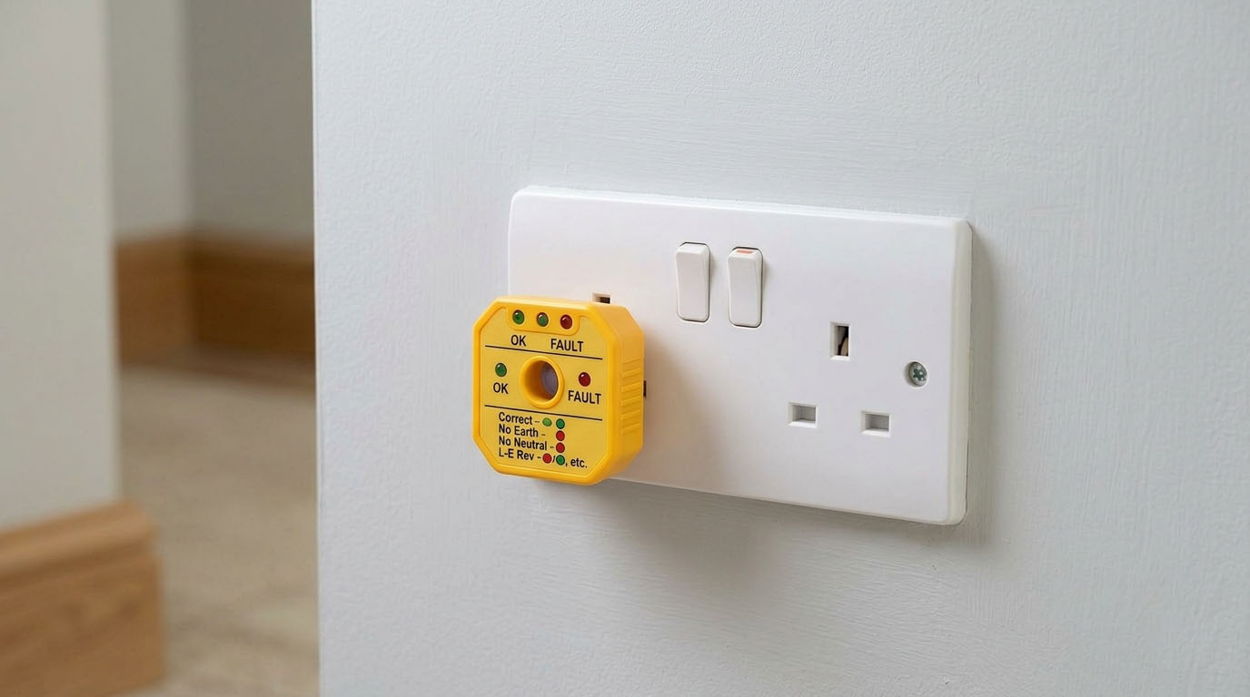 A person testing a UK wall socket with a plug-in tester