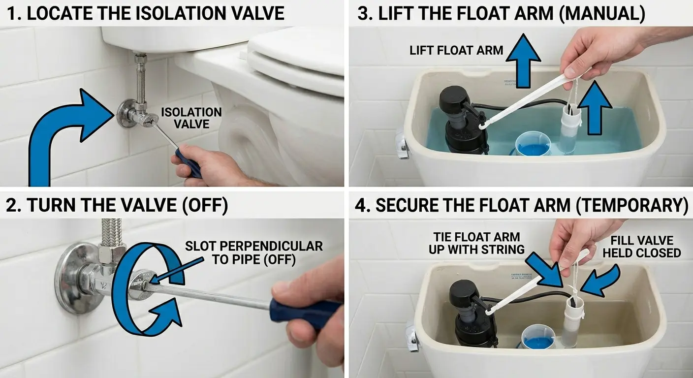 Visual guide: 1. Find isolation valve, 2. Turn 90 degrees, 3. Lift float arm, 4. Secure with string.