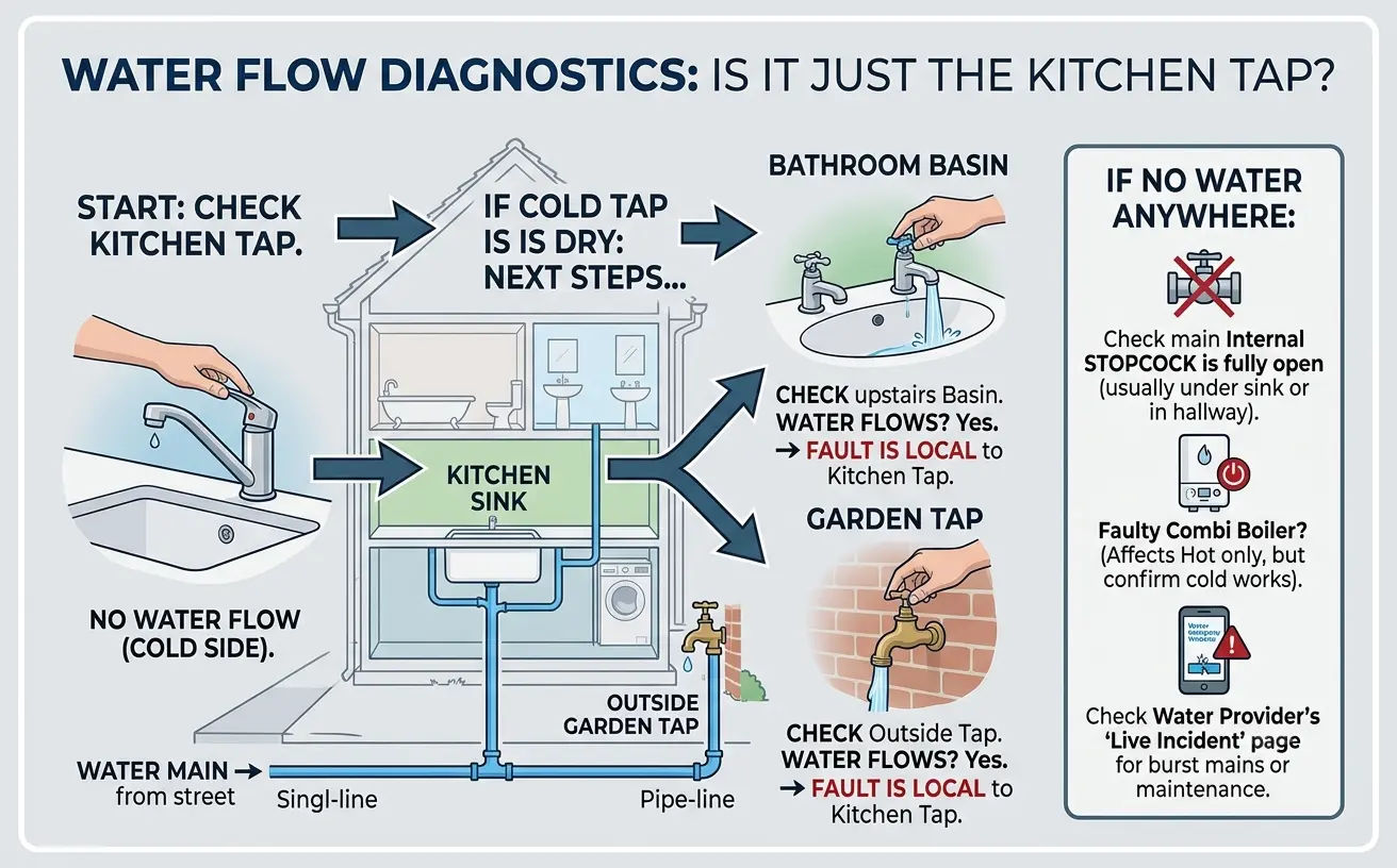 Diagram showing how to test other water outlets in a UK home to isolate a plumbing fault