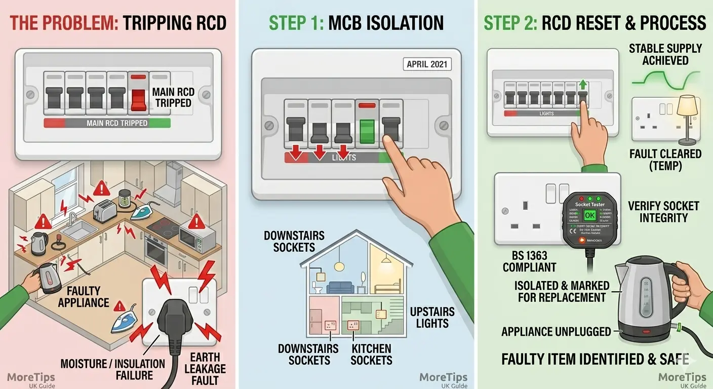 Person unplugging kitchen appliances one by one to identify which one is causing the fuse box to trip