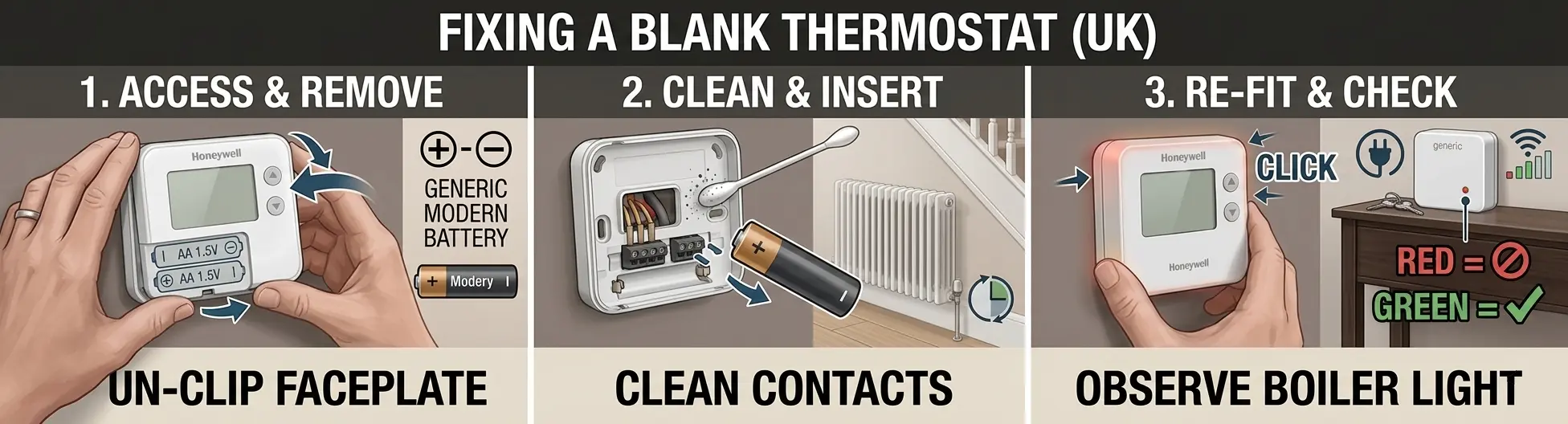 Step-by-step guide to fixing a blank thermostat screen including battery replacement and receiver check