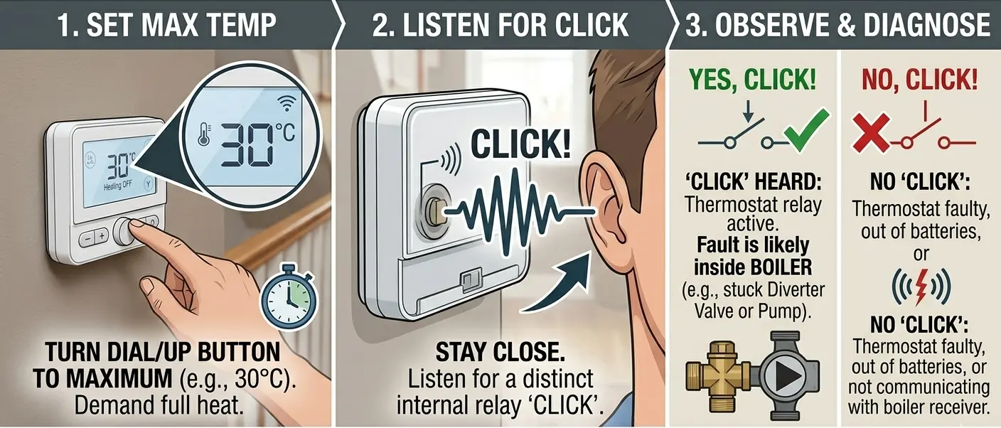Technical guide showing how to perform a thermostat click test to diagnose boiler diverter valve or pump issues