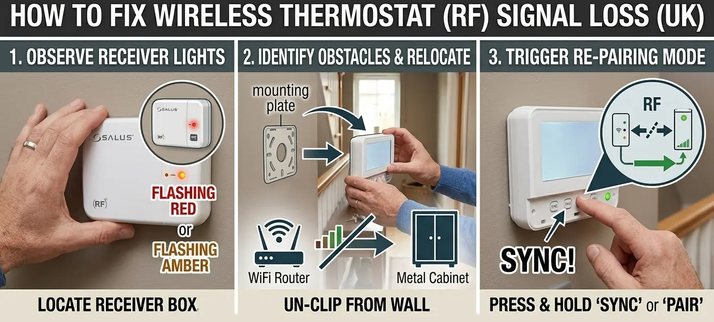 Step-by-step guide to fixing wireless thermostat signal loss and re-pairing the RF receiver