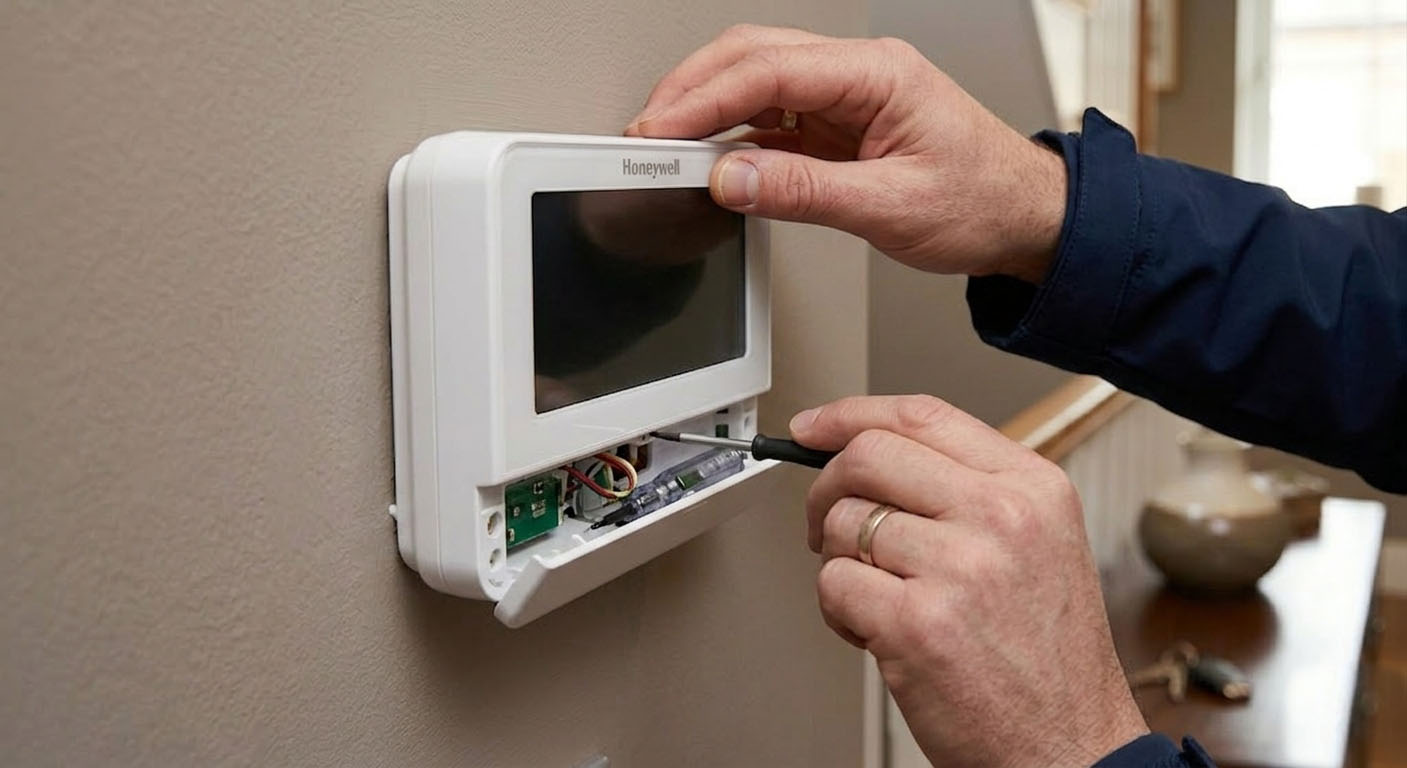 Homeowner checking a blank digital thermostat screen in a UK hallway