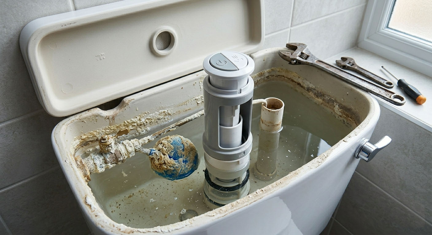 A homeowner inspecting the inside of a UK toilet cistern to fix a constant water flow