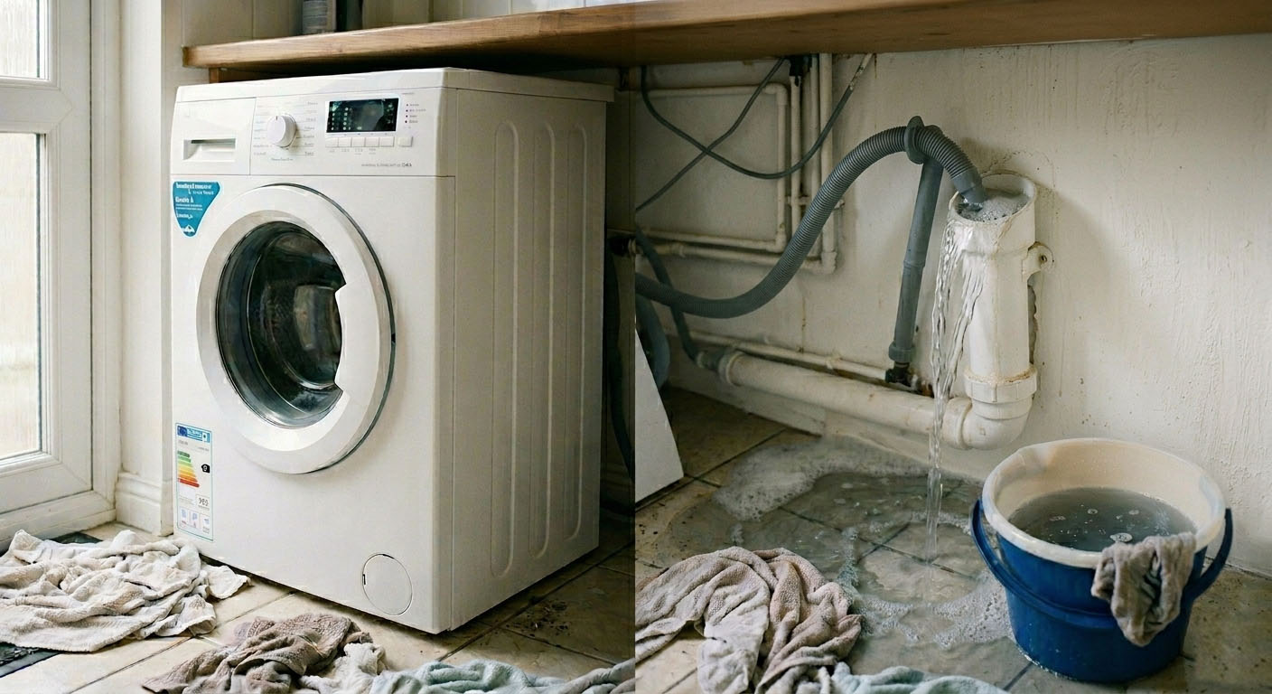 Water pooling on the floor of a UK utility room next to a washing machine standpipe and waste assembly