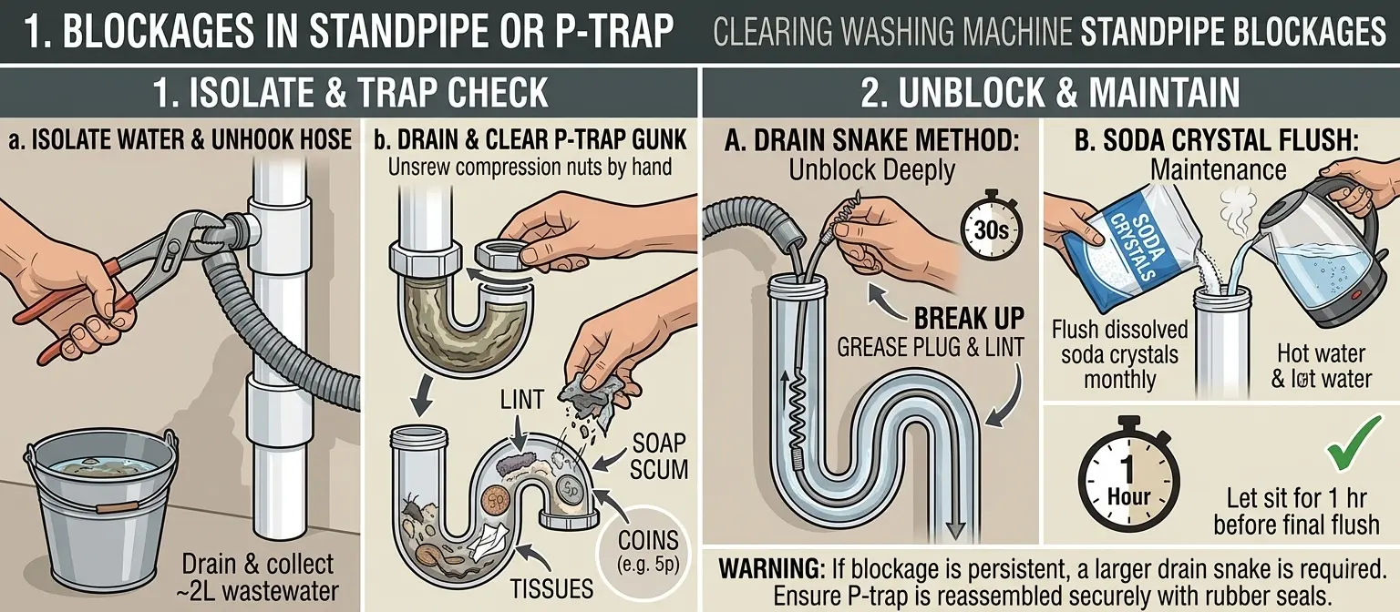 3-step diagnostic guide for washing machine standpipe blockages: 1. Isolate and Prep by placing a bucket under the 40mm waste trap, 2. Clear the Blockage by cleaning the P-trap or using a drain snake, 3. Maintenance Flush using hot water and soda crystals.