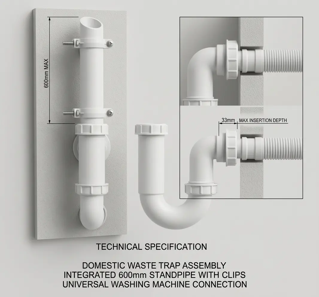 Standard Floplast UK 600mm washing machine standpipe waste kit with 40mm trap and wall clips