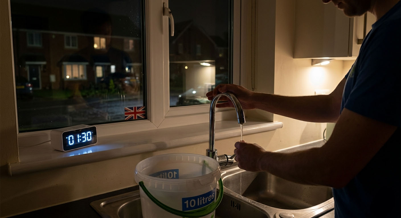 A homeowner checking a low water pressure flow from a kitchen tap at night in the UK