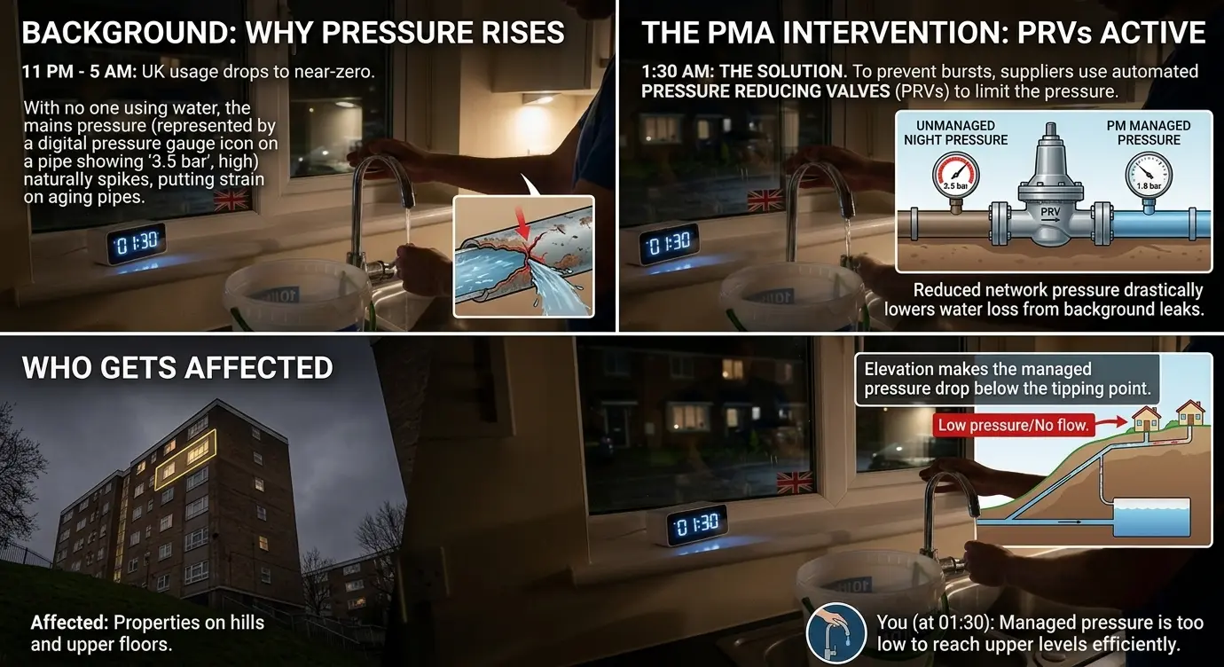 Diagram showing how UK water suppliers reduce mains pressure at night using pressure reducing valves (PRVs)