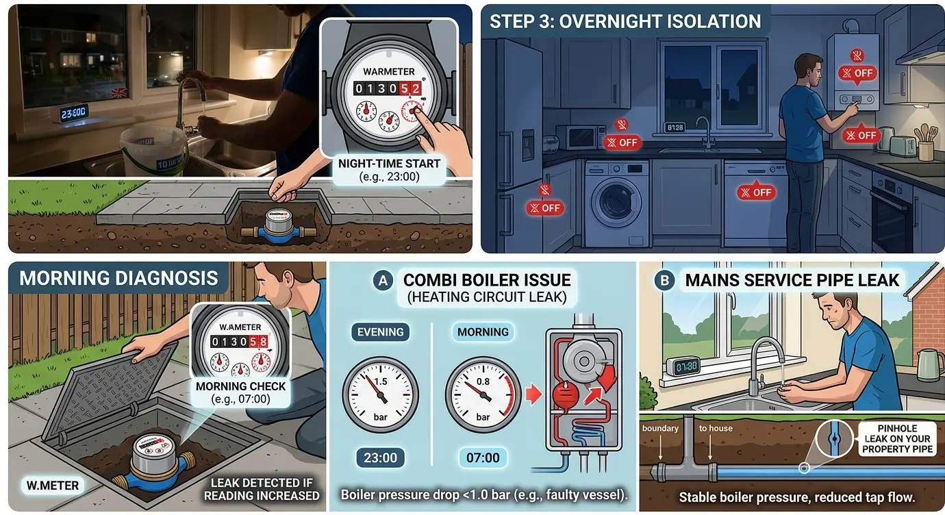 Infographic showing how to check an internal property water meter to diagnose a hidden plumbing leak