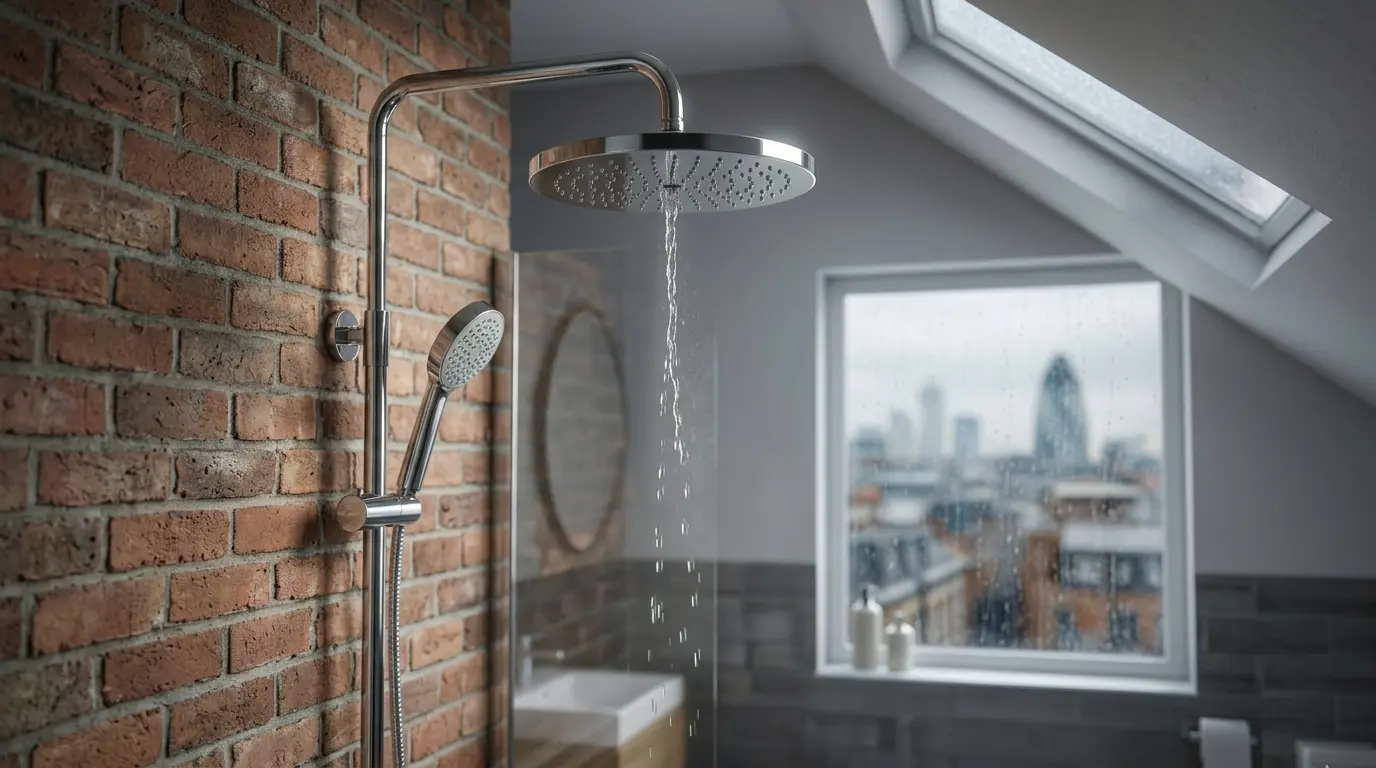 Homeowner testing weak water pressure from an upstairs shower head in a UK bathroom
