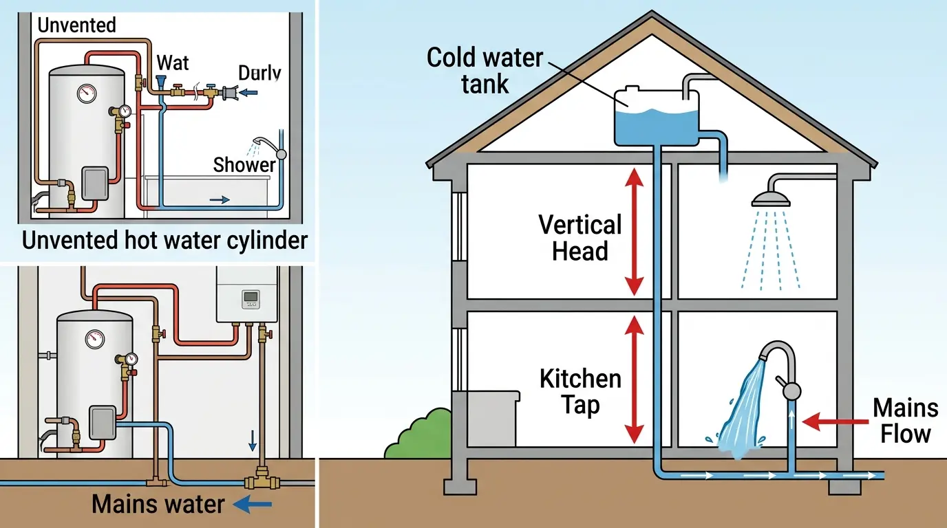 Diagram comparing gravity-fed loft tank and mains-fed plumbing systems in a UK two-storey home