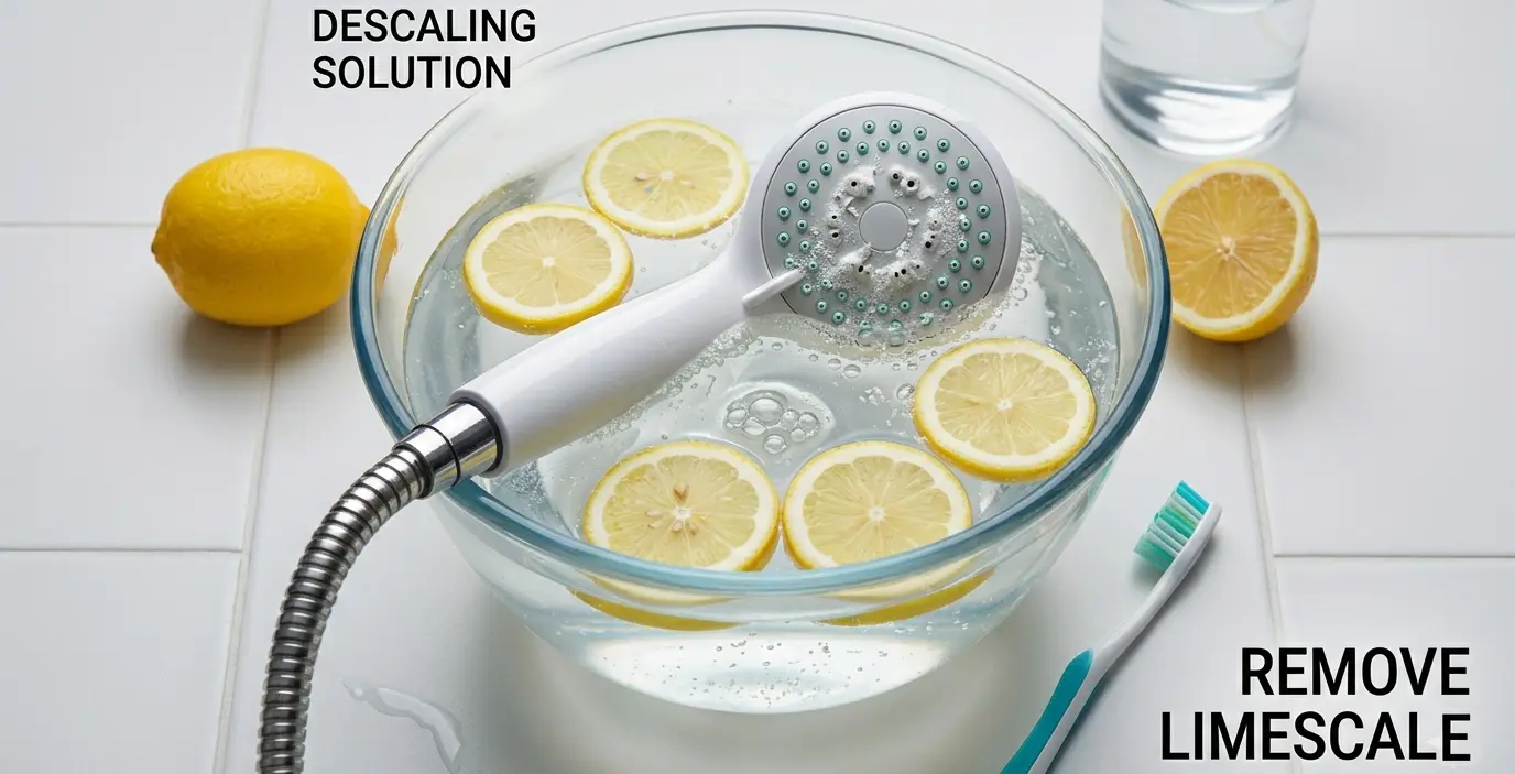 Homeowner soaking a limescale-blocked UK shower head in a bag of white vinegar