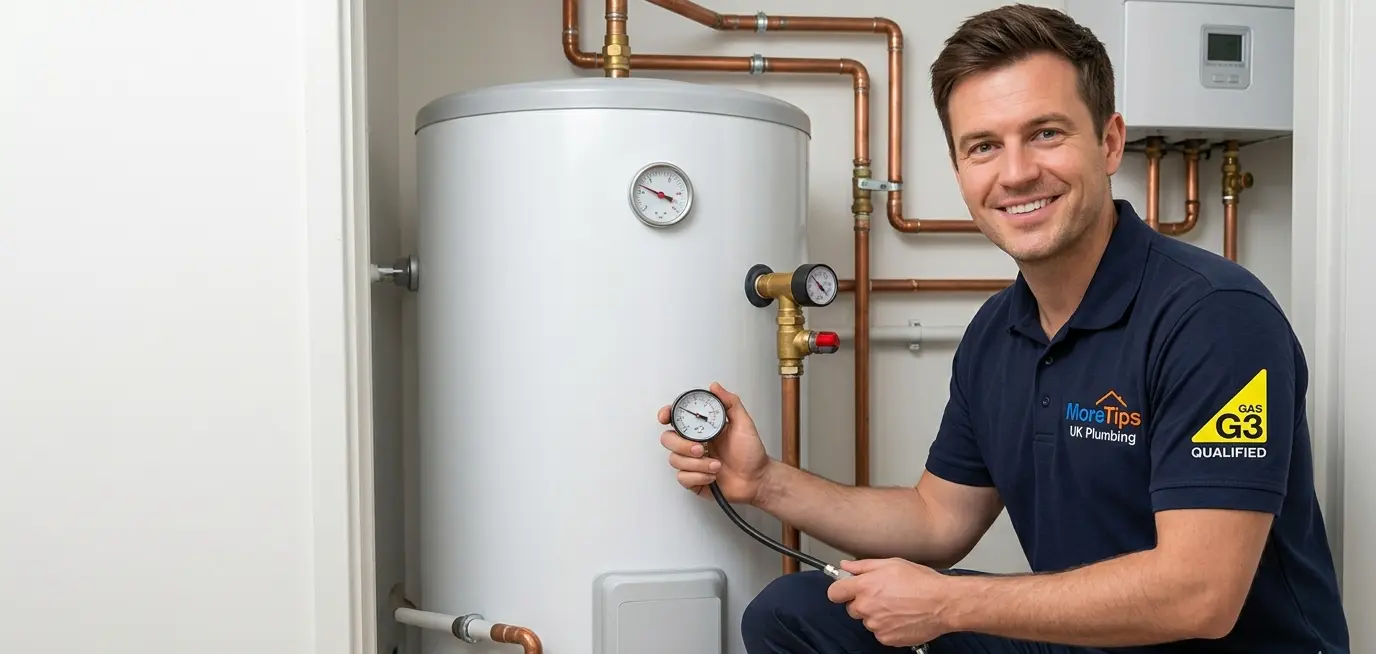 Professional plumber installing a shower pump on a gravity-fed hot water cylinder in a UK airing cupboard