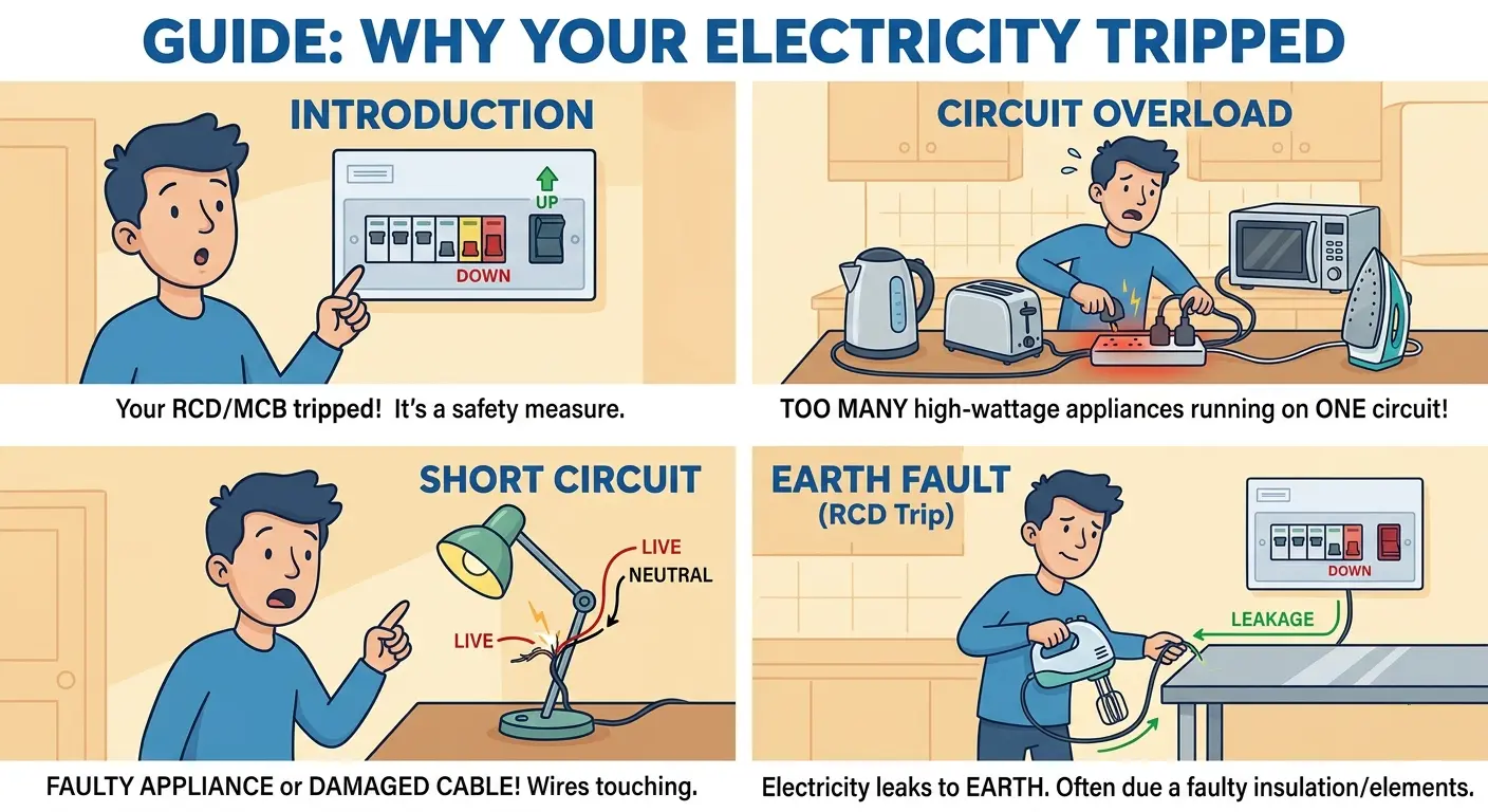 Infographic showing four causes of a tripped circuit breaker in a UK home: circuit overload, short circuit, earth fault, and nuisance tripping from electronics